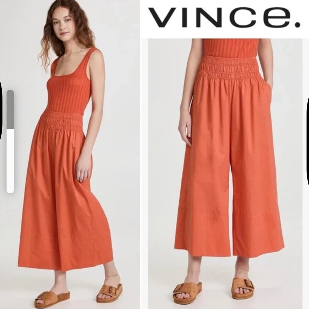 Vince Smocked Waist Culottes Wide Leg Cotton Ankle Pants Orange Size XS
